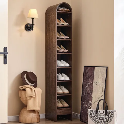Vista 12 de IFGET Armario de almacenamiento de zapatos arqueado de 67 pulgadas de alto, 8 niveles y 8 pares de zapateros de madera con 3 estantes ajustables