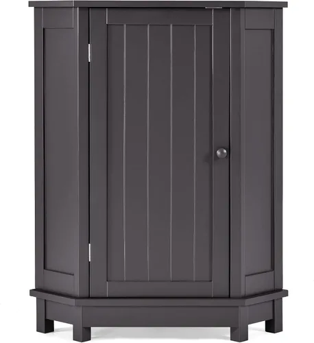 Vista 6 de PULLAFUN Gabinete de baño Armario de almacenamiento de esquina triangular con estante ajustable Tablero MDF de estilo moderno, negro y marrón