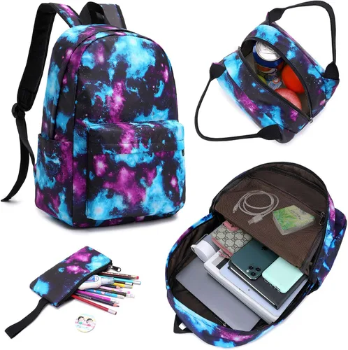 Vista 6 de Juego de mochila de lona impermeable Galaxy para laptop de 14 pulgadas, mochila escolar universitaria con lonchera y estuche para lápices