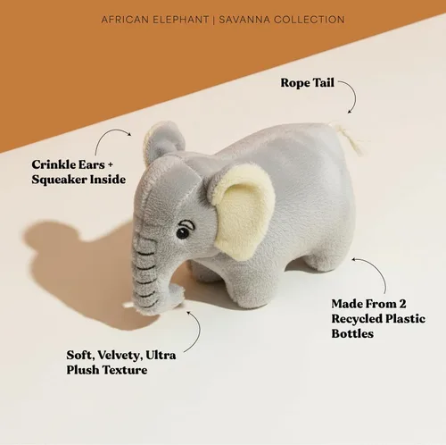 Vista 2 de Juguete de peluche prémium para perro, elefante de peluche, pequeño respetuoso con el medio ambiente 100% plástico reciclado, juguete lindo