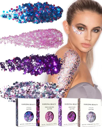 Vista 12 de KARIZMA 24K Gold Purpurina holográfica dorada Purpurina gruesa de 0.35 onzas para la cara, el cabello, los ojos y el cuerpo, para mujer. Purpurina