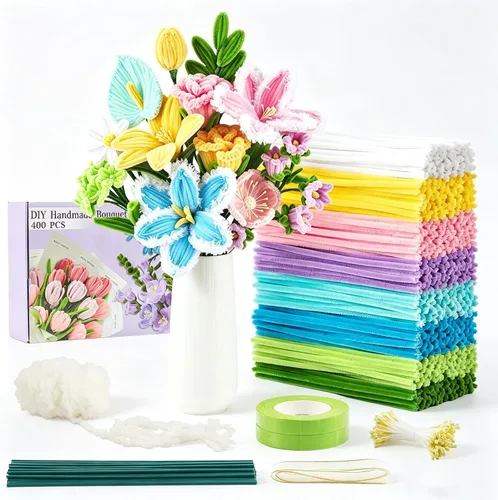 Vista 8 de 400 Pcs Pipe Cleaners Craft for Flowers, 5 Colored Pipe Cleaner Flower Kit Rosa Purpl