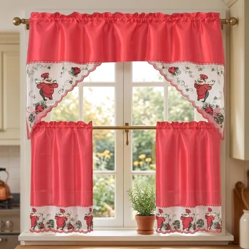 Vista 16 de YHSF Set de cortinas de cocina de 3 piezas con cenefa - Juego de cortinas de ventana de 2 niveles y cenefa con diseño de bolsillo para barra