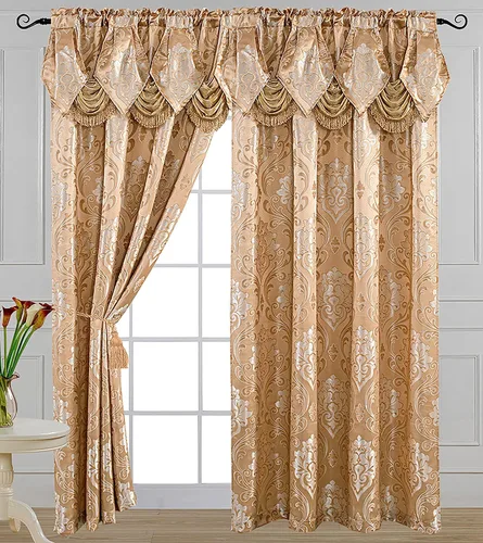 Vista 8 de Panel de cortina jacquard de lujo con cenefa de cascada adjunta, 54 x 84 pulgadas Angelina Beige