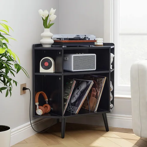 Vista 9 de Soporte esquinero para tocadiscos con estación de carga y puertos USB, gabinete de almacenamiento de discos de vinilo moderno de 3 niveles