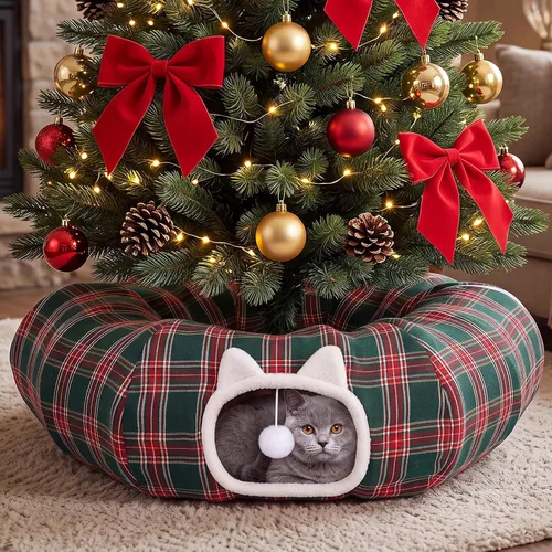 Vista 8 de Falda de árbol de Navidad con diseño de túnel de gato, cama a cuadros con Rojo