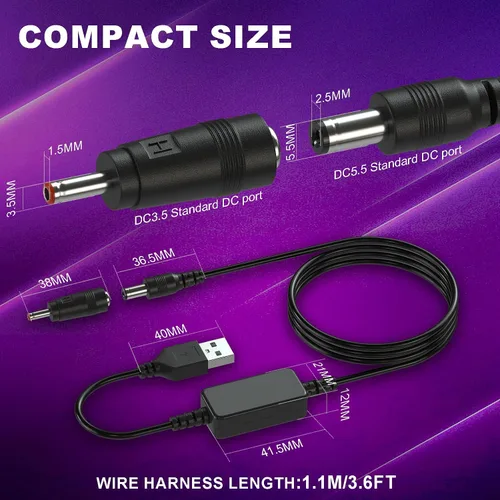 Vista 7 de DROK Adaptador USB a 9 V, convertidor de impulso de CC de 5 V a 9 V, 1,5 A, cable USB de 3.6 ft, convertidor elevador con conector CC macho de 0.217