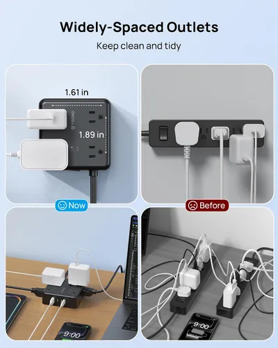 Vista 5 de TROND Regleta protectora de sobretensiones, cable de extensión de enchufe plano de 5 pies con 8 tomas de corriente y 4 puertos USB (3 USB C), 1625