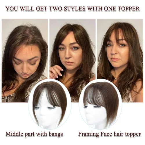 Vista 5 de UDU Toppers para el cabello para mujer, cabello humano real, con flequillo, clip en flequillo, pelucas de cabello para mujeres con adelgazamiento