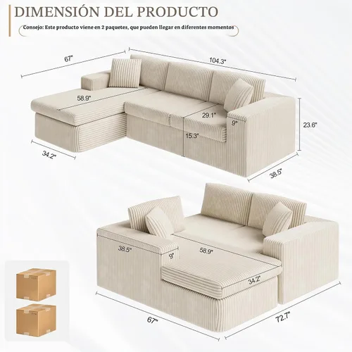 Vista 2 de Vongrasig Sofá modular sin hueso de 105 pulgadas para sala de estar, sofás modulares con diván en forma de L, cómodo sofá nube de espuma