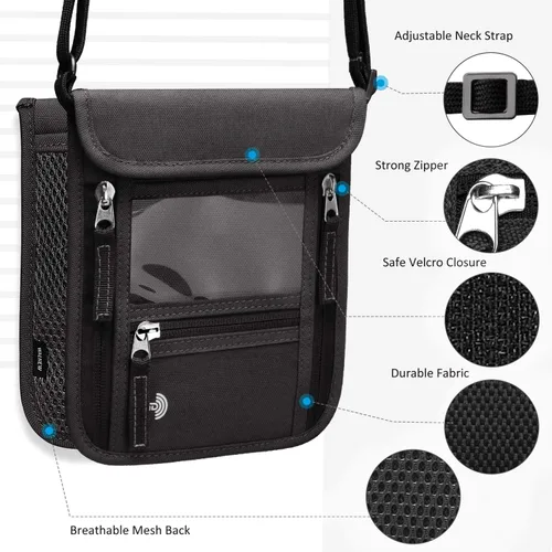 Vista 4 de WALNEW Soporte para pasaporte para el cuello cartera de viaje con bloqueo RFID 7 bolsillos con correa ajustable para el cuello para mantener tu