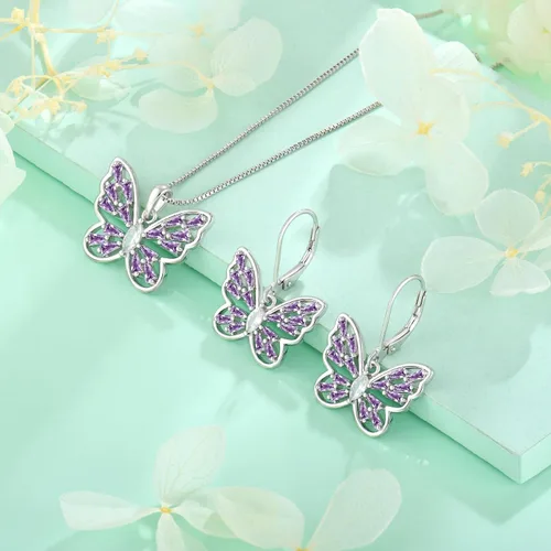 Vista 4 de STARCHENIE Juego de joyas de plata de ley 925 con diseño de mariposa y amatista para mujer