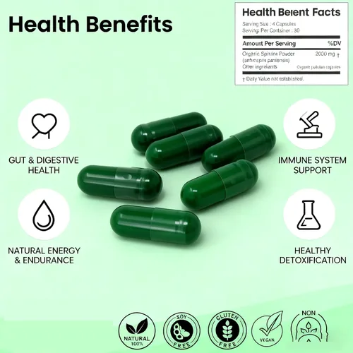 Vista 4 de Cápsulas de espirulina 240 cápsulas, alimentos saludables, 100% vegetarianos,Espirulina hawaiana pura 450 mg, apoya el sistema inmunológico