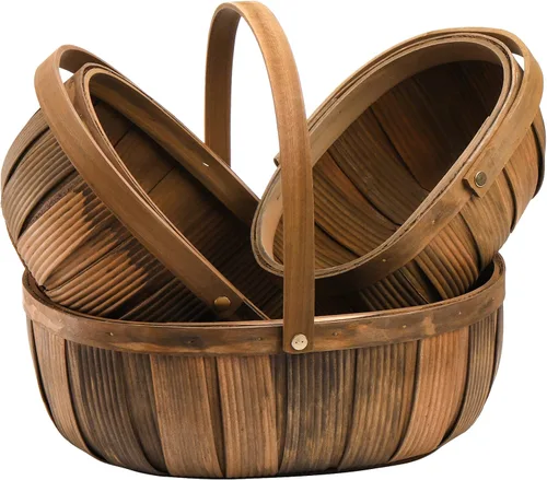 Vista 4 de Lawei Paquete de 3 cestas de pan de madera, cesta de picnic de virutas de madera con asas, cesta de almacenamiento de frutas tejidas a mano