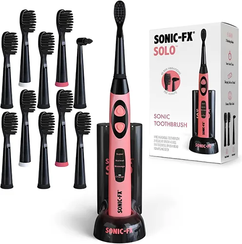 Vista 10 de Sonic-FX Cepillo de dientes eléctrico Solo con 10 cabezales de cepillo + 1 cerdas interdentales, de carbón, recargable, base