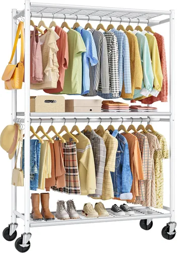 Vista 10 de Sakugi Perchero para ropa – Perchero doble para colgar ropa con ruedas y pies niveladores, armario de gran capacidad con estantes para dormitorio