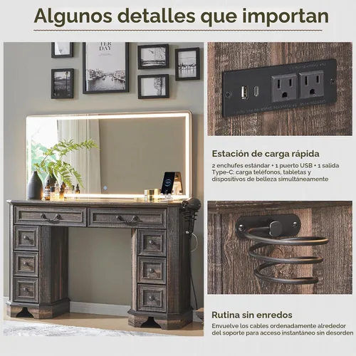 Vista 6 de T4TREAM Escritorio de maquillaje con espejo iluminado HD de 48 pulgadas, mesa de tocador de granja con 8 cajones, escritorio de tocador con 3 modos