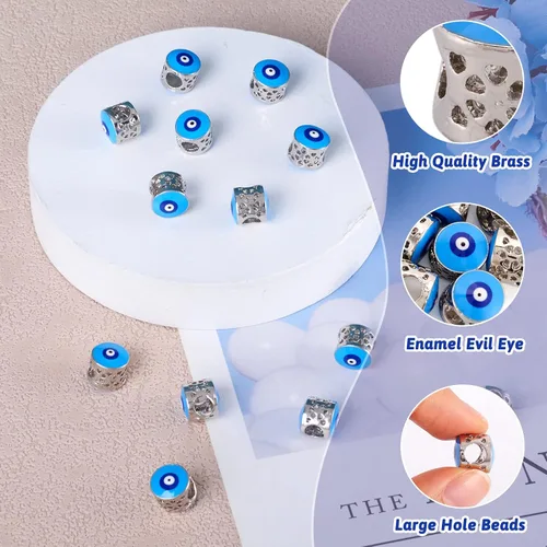 Vista 2 de Pandahall - 20 cuentas europeas de esmalte de latón de barril de 0.394 x 0.472 in, color azul cielo claro, espaciadores de agujeros grandes, cuentas