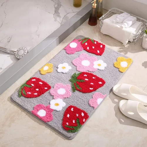 Vista 11 de Tapete de baño suave y acogedor con diseño de fresa, antideslizante, lavable, tapete lanudo para dormitorio, tapete absorbente de flores, tapete