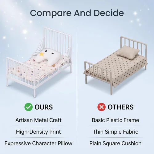 Vista 11 de Cama de metal para casa de muñecas de 1/12, almohada con patrón de estrellas, muebles en miniatura para coleccionistas, constructores de modelos