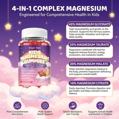 Vista 5 de Gomitas calmantes de magnesio para niños y adultos, complejo de magnesio con L-teanina, vitamina C, K2, D3, Omega-3, GABA, manzanilla, apoya