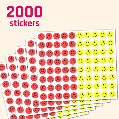 Vista 3 de 2000 calcomanías de emoción sonriente de comportamiento de cara triste feliz de 1/2", rojo/amarillo