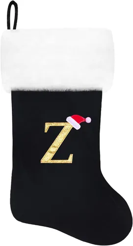 Vista 76 de Calcetines de Navidad bordados de 20 pulgadas con monograma, terciopelo negro con puño de felpa blanca supersuave, adornos clásicos para decoración