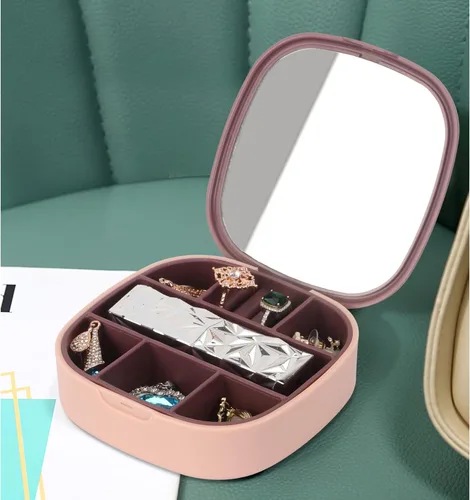 Vista 5 de Unaikoo Organizador de joyas de viaje pequeña caja de joyería con espejo organizador de joyas de plástico para niñas y mujeres mini soporte