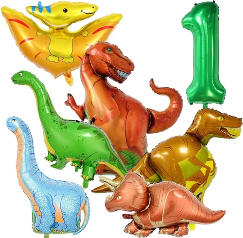 Vista 7 de Juego de 7 globos de dinosaurio, globos de número 3 de 40 pulgadas, 6 globos de dinosaurio, suministros de fiesta temática de dinosaurios
