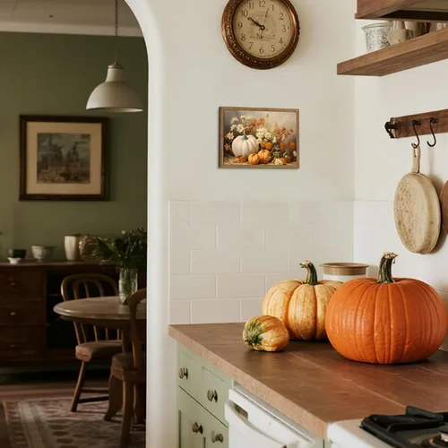 Vista 6 de Arte de pared enmarcado de calabaza de otoño, impresión en lienzo de calabaza blanca y flores de otoño, cosecha rústica de granja, Halloween, Acción