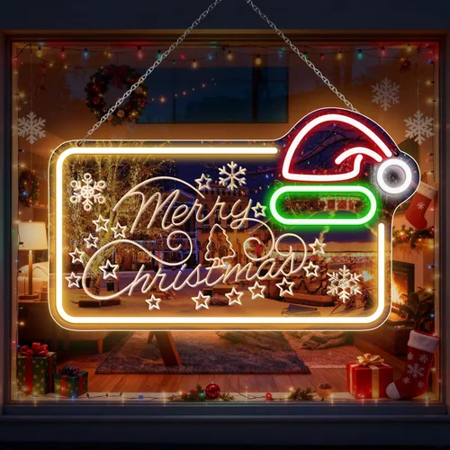 Vista 13 de Espejo de árbol de Navidad de 16 x 12 pulgadas, letrero LED de neón acrílico alimentado por USB, perfecto para decoraciones de vacaciones, fiestas