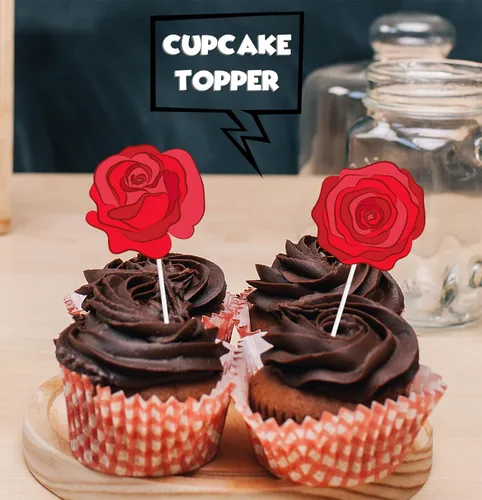Vista 5 de 18 piezas de decoración de postre de rosas rojas para decoración de postre para el día de San Valentín, boda, aniversario, despedida de soltera