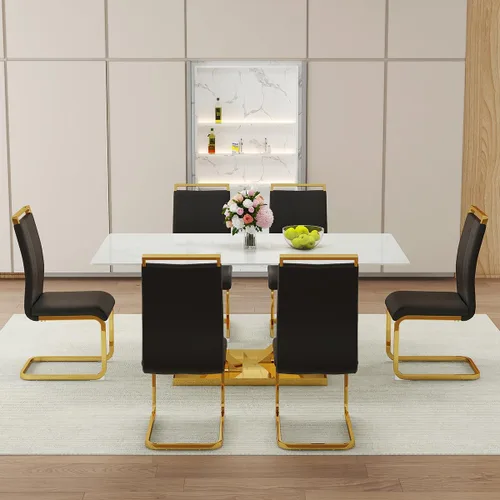 Vista 8 de Juego de mesa de comedor blanca para 6, 71 pulgadas, juego de mesa de comedor de mármol sintético para 6 Modern Dining Table Set for 6, Black PU