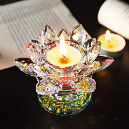 Vista 6 de H&D HYALINE & DORA Portavelas de loto de cristal multicolor (11.4 cm - Multi) K9 - Portavelas de loto de cristal para decoración del hogar, centro
