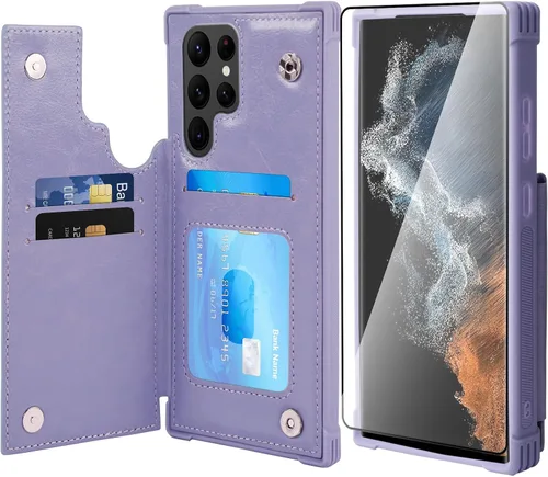 Vista 23 de VANAVAGY Funda tipo cartera compatible con Galaxy S22 con soporte para tarjetas de bloqueo RFID, piel sintética, cierre magnético, función atril