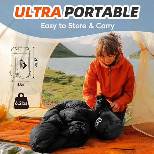 Vista 5 de MEREZA Sacos de Dormir XL para Adultos Clima Frío Saco de Dormir Grande y Ancho para Chicas y Chicos Grandes y Altos con Bolsa de Compresión