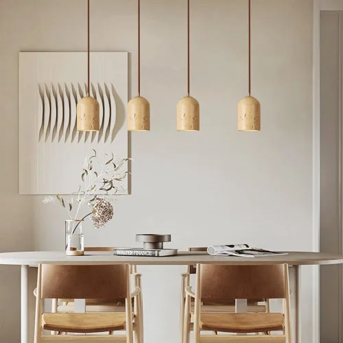 Vista 2 de Mini lámpara de isla de cocina, lámpara colgante de techo de cúpula de madera japonesa Wabi-Sabi con pantalla de travertino amarillo, lámpara