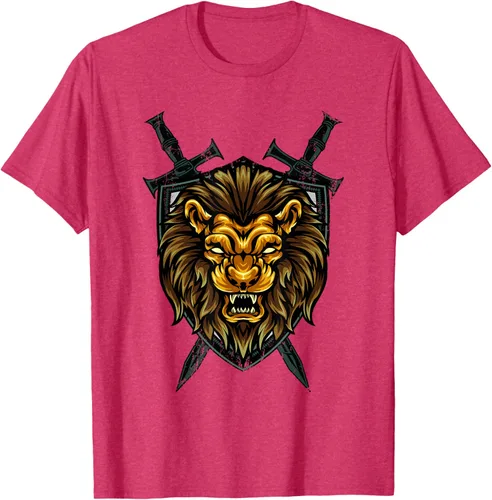 Vista 23 de Camiseta con diseño de caballero medieval renacentista, con diseño de espada de león, Negro, S