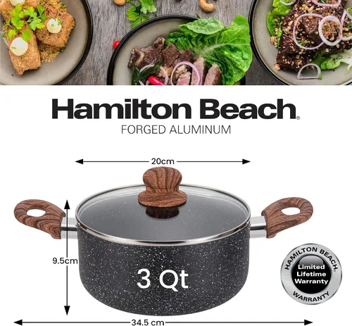 Vista 3 de Hamilton Beach Revestimiento de mármol antiadherente de 3 cuartos de galón con calefacción uniforme, olla de horno holandés redonda con tapa