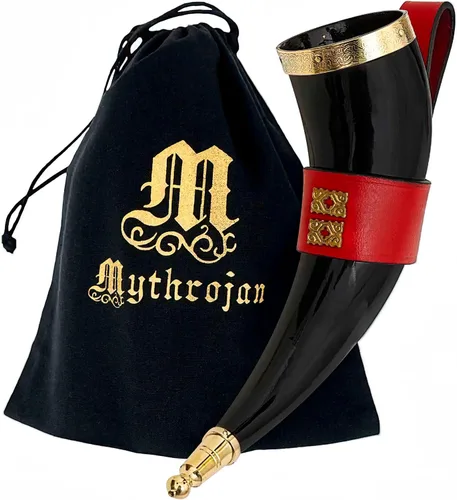 Vista 12 de Mythrojan Cuerno vikingo para beber 100% natural, auténtico, decoración de latón, cuerno nórdico con funda de cuero negro, bolsa de lona para vino