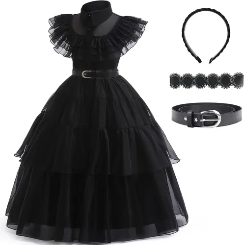 Vista 3 de YOJOJOCO Vestido de miércoles para niñas, disfraz de Halloween, fiesta de cumpleaños