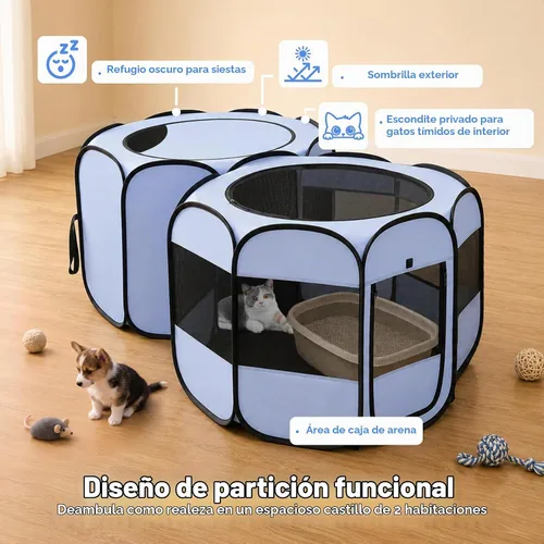 Vista 4 de 2 en 1 Pop Up Cat Dog Playpen con área de caja de arena no desmontable Azul polvoriento