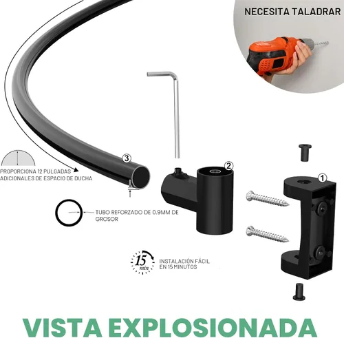 Vista 5 de Barra de cortina de ducha curvada para baño 38-72 pulgadas, longitud ajustable, barra de ducha curvada, espesor de 0,9 mm, barras de cortina
