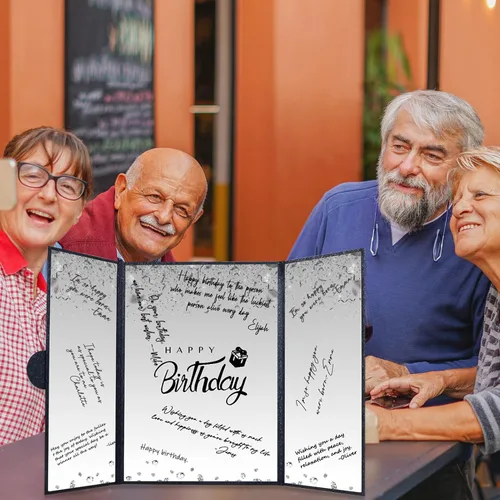 Vista 7 de Crenics Decoraciones de cumpleaños en blanco y negro para mujeres y hombres, libro de invitados creativo alternativo de 45,72 cm x 30,48 cm, gran