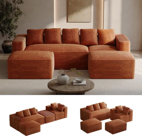 Vista 35 de ONEMMLION - Sofá grande sin hueso de 131 pulgadas con diván, color beige Corduroy, U-Shaped Modular Sectional Couch for Living Room, Memory Foam