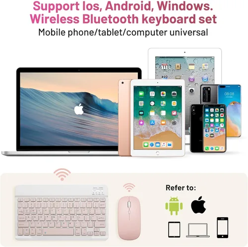 Vista 2 de Paquete de 2 teclados y mouse Bluetooth Combo de teclado inalámbrico portátil recargable para Apple iPad, iPhone, iOS 13 y superiores, Samsung, Rosa