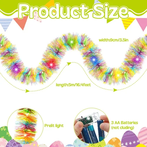 Vista 2 de Chuangdi Guirnalda de oropel de Pascua de 16.4 pies con tira de luces LED, guirnalda de alambre metálico con alambre metálico, decoración