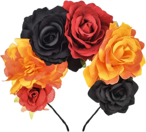 Vista 29 de DreamLily Frida Kahlo NC26 - Diadema con corona de rosas mexicanas para disfraz de fiesta de Halloween