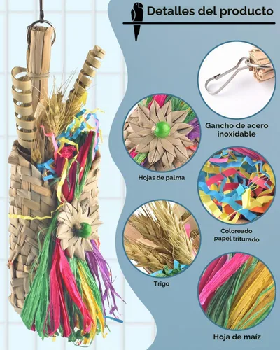 Vista 3 de Bissap Juguetes para masticar pájaros, trituradora de forrajería de loros, bolsa tejida con palmera natural, jaula colgante de juguete con golosinas