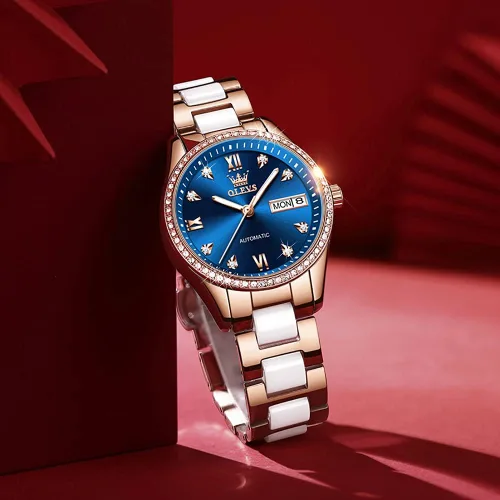 Vista 2 de OLEVS Relojes automáticos para mujer, mecánico, esfera de corazón, esfera de corazón, oro rosa, banda de cerámica, impermeable, luminoso, fecha